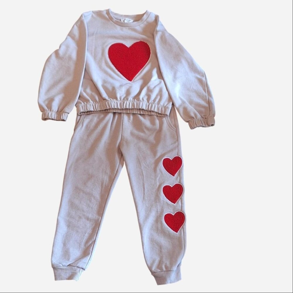 Jessica Simpson, girl's two-piece sweatsuit, tan with red, size 5